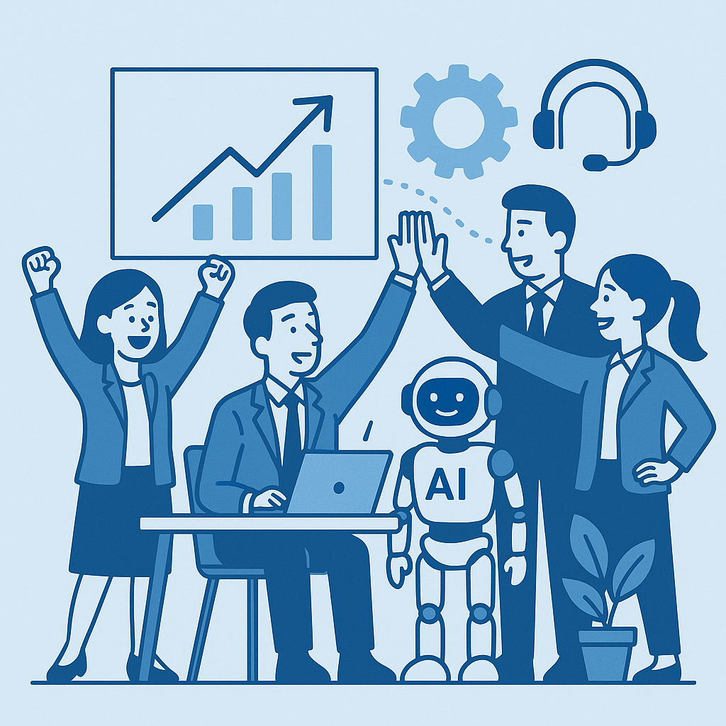 Equipo de trabajo celebrando la mejora de productividad gracias a la inteligencia artificial